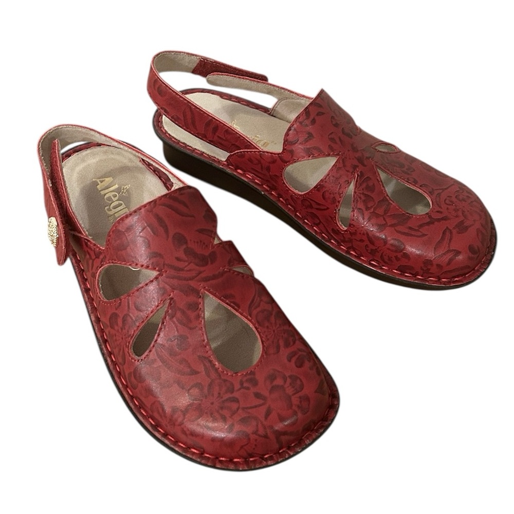Alegria Red Floral Cutout Slingback Clogs